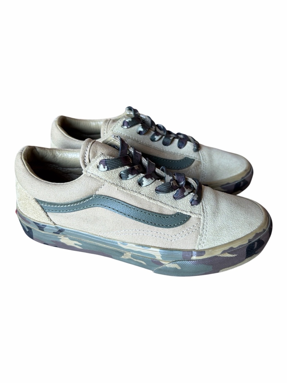 NWOT Vans Old Skool Kids Boys Camo Sneakers Beige Green, Size 2